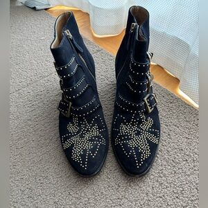 Chloe Susanna Navy Studded Suede Leather Ankle Boot with gold hardware size 39.5